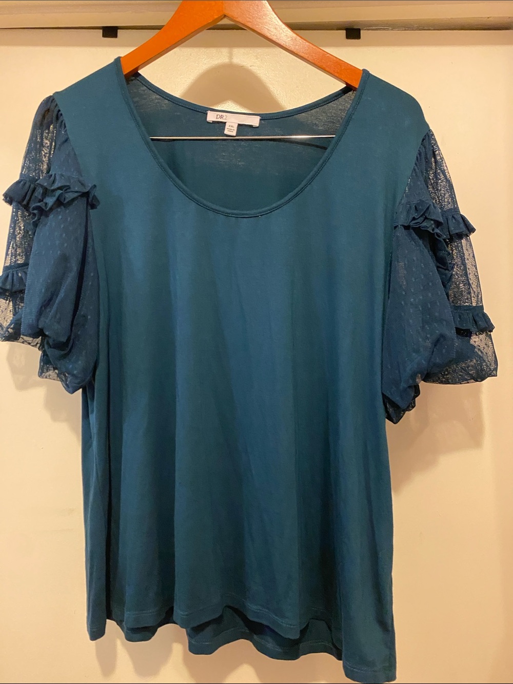 DR2 Teal Short Puff Sleeve Knit Top with Sheer Dot Sleeves